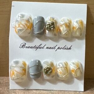 Marble Press On Nails Short Square Grey Orange Silver Wire 3D Art 10pc